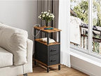 2 Set Narrow Side Table for Small Spaces, Skinny End Table with Charging Station, Sofa Beside Table with 2 Drawers 1 Open Compartment, Slim Nightstand with USB Ports Outlet, Rustic and Brown UTBT004F2