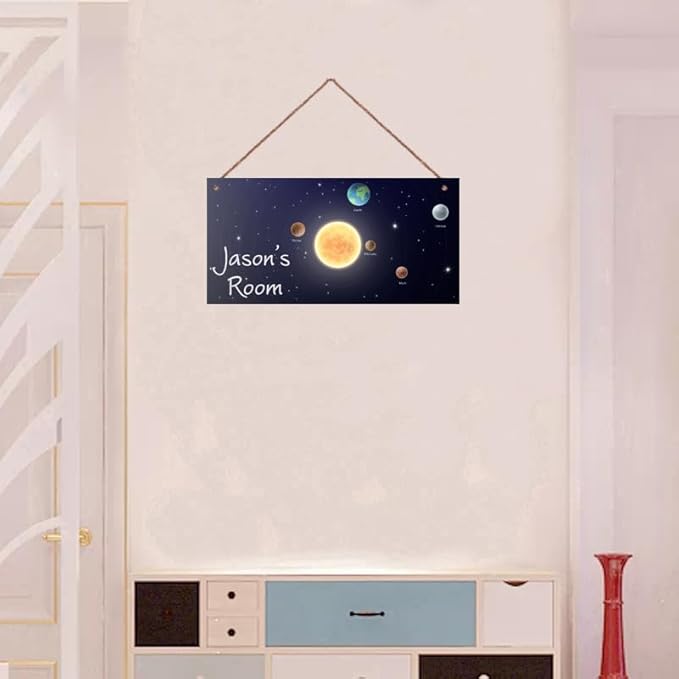 Personalized Outer Space Sign Spacesolar System Themed Decor For Kids Room Nursery Door Art Décor For Little Man Cave,Custom Name Sun Earth Planet Wall Decor Decorative Plate for Boys Bedroom