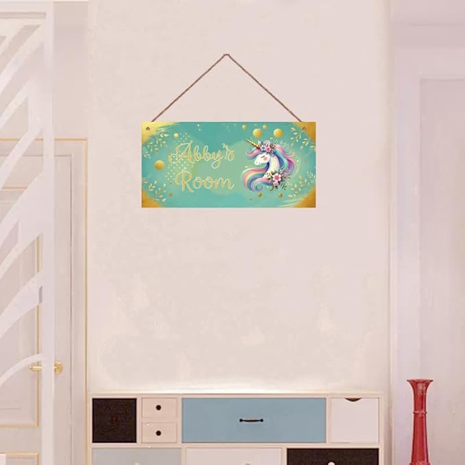 Personalized Magic Rainbow Unicorn Door Sign Girls Bedroom Kids Nursery Wall Decor Custom Name Art Wooden Plaque For Home Kitchen Garden Yard Wall Front Door Decor