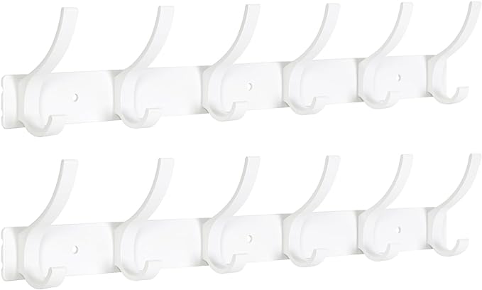 Coat Rack Wall Mount, Coat Hook Wall Mount, Wall Hooks for Hanging, Hat Rack for Walls, Coats Hanger with 12 Hook, Towel Hooks for Bathrooms (2 Pack, White)