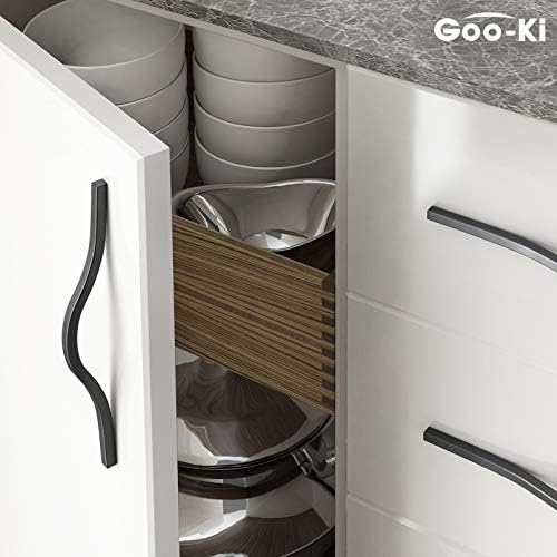 Goo-Ki Modern Handle,Minimalist Cabinet Pull,Matt Black Drawer Handle Wardrobe Cabinet Door Handle, 6.3''/7.6'' Double Hole Centers,6 Packed