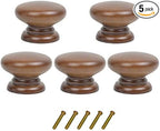 5PCS Round Wood Drawer Knob,Dresser Furniture Drawers 33mm Dia,Walnut Cabinet Pulls Handles with Screws Hardware for Drawer Wardrobe Dresser