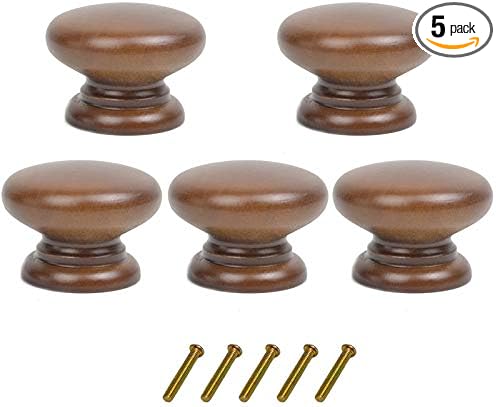 5PCS Round Wood Drawer Knob,Dresser Furniture Drawers 33mm Dia,Walnut Cabinet Pulls Handles with Screws Hardware for Drawer Wardrobe Dresser