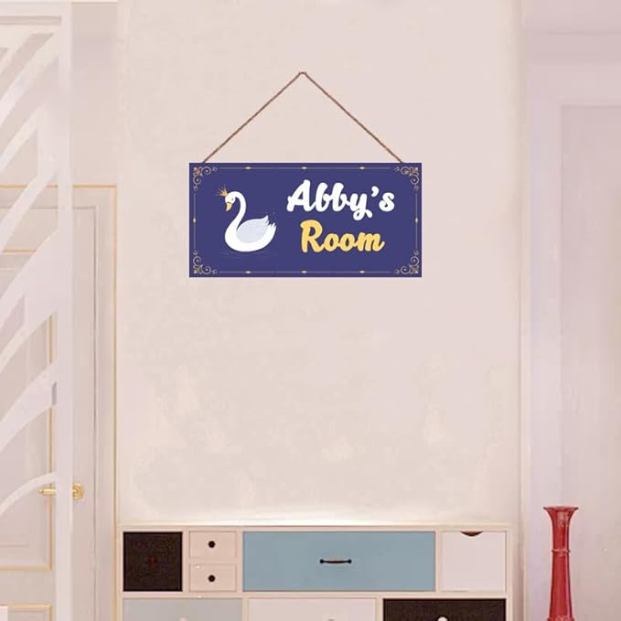 Personalized Vintage Swan Art Décor For Kids Room Custom Name Door Wall Decor, Blue Floral Nursery Art Plate For Girls Bedroom Home Club Cabin Garage Store Bar