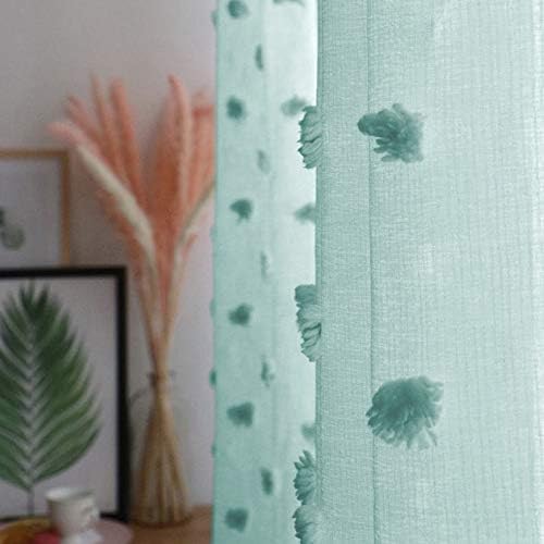 MYSKY HOME Pom Pom Aqua Sheer Curtains for Bedroom Girls Room Curtains 84 Inches Long for Nursery Kids Light Filtering Boho Window Drapes, Rod Pocket, 52" Wide, 2 Panels