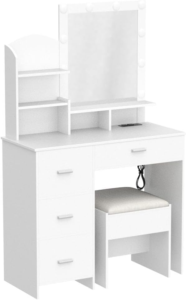 Quimoo Makeup Vanity with 10 Light Bulbs and Charging Station, Vanity Desk with Lighted Mirror & 4 Drawers, Vanity Table Set with Cushioned Stool,White