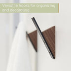 Homeforia Walnut Wood Coat Hooks, High End Walnut Wood & Black Metal Wall Mounted Coat Hooks, Mid-Century Modern Clothes Hooks, Heavy Duty Wooden Hooks for Hanging Coats, Hats, Towels & More, Set of 4