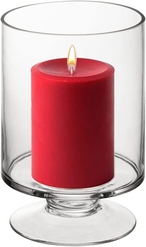 CYS EXCEL Glass Hurricane Pillar Candle Holder (H:6" W:3.75") | Multiple Size Choices Short Stem Candle Centerpieces | Stemmed Glass Cylinder Candle Vase