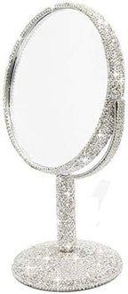 Bling Rhinestone Portable Magnified Double Sided Swivel Makeup Vanity Mirror, 360°Rotate Makeup Mirror Round Shaped Two-Sided Makeup Mirror (Silver)