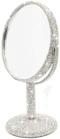 Bling Rhinestone Portable Magnified Double Sided Swivel Makeup Vanity Mirror, 360°Rotate Makeup Mirror Round Shaped Two-Sided Makeup Mirror (Silver)