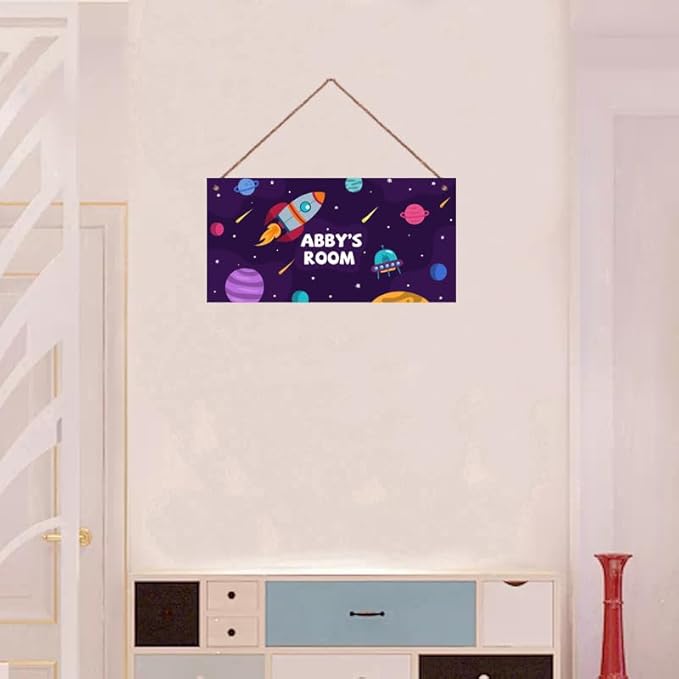 Personalized Sign Universe Rocket Sign Outer Space theme Art Décor For Kids Room Custom Name Door Wall Decor, Floral Nursery Art Girls Room Boys Bedroom