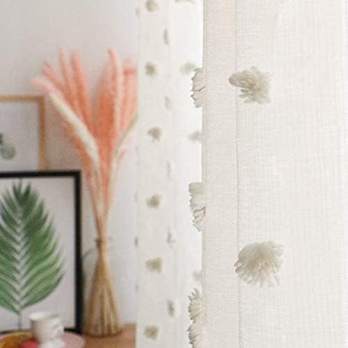 MYSKY HOME Pom Pom Beige Sheer Curtains for Bedroom Girls Room Curtains 63 inch Length for Nursery Kids Light Filtering Boho Window Drapes, Rod Pocket, 52" Wide, 2 Panels