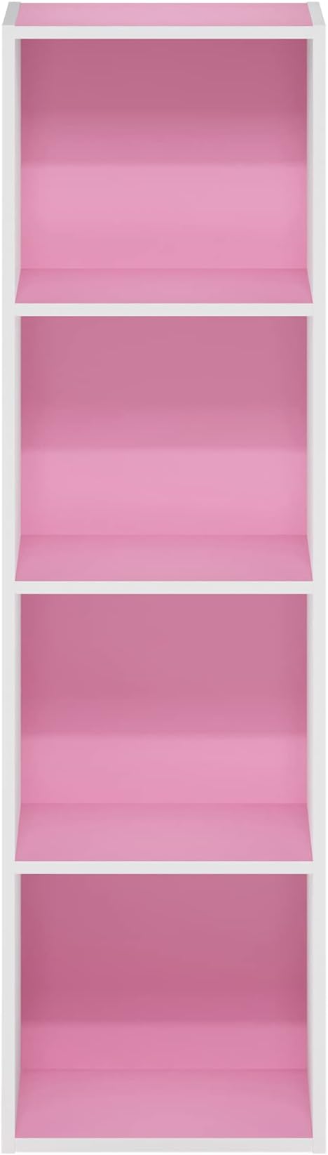 Furinno PASIR Book Shelf, 4-Tier Modern Bookshelf, Open Shelves Bookcase 9" x 12" x 42", for Living Room, Bedroom, Home Office, Pink/White