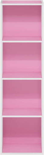 Furinno PASIR Book Shelf, 4-Tier Modern Bookshelf, Open Shelves Bookcase 9" x 12" x 42", for Living Room, Bedroom, Home Office, Pink/White