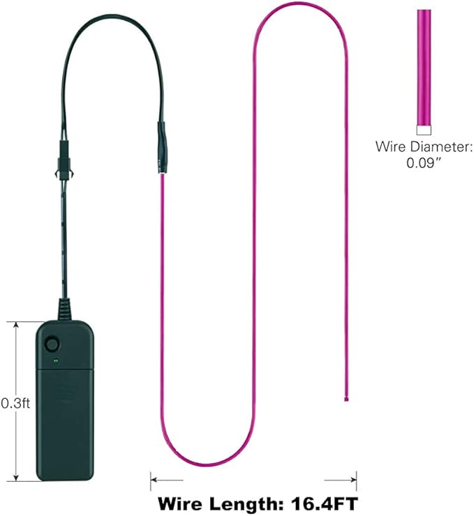 MaxLax EL Wire Purple, 16.4ft/5m Portable Battery Pack Neon Light Strip 360° Cuttable Glowing Rope Lights for Parties, Halloween, DIY Decoration