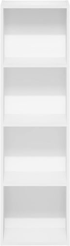Furinno PASIR Book Shelf, 4-Tier Modern Bookshelf, Open Shelves Bookcase 9" x 12" x 42", for Living Room, Bedroom, Home Office, White