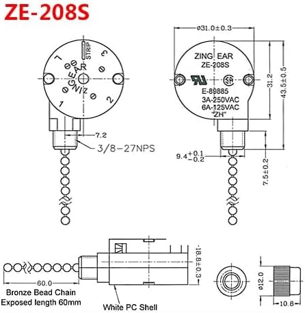 2PS Ceiling Fan Switch Zing Ear ZE-208s E89885 3 Speed 4 Wire Pull Chain Switch Fan Light Switches Replacement Part with 4 Pre-Installed Wires(Brass Chain)