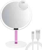 9.65-inch Lighting Makeup Mirror, 1x / 10x, Touch Control, 3-Color Adjustable, Metal Stand, up and Down Adjustable Makeup Mirror,High Color Rendering, Eye-Protecting Light Source,Pink
