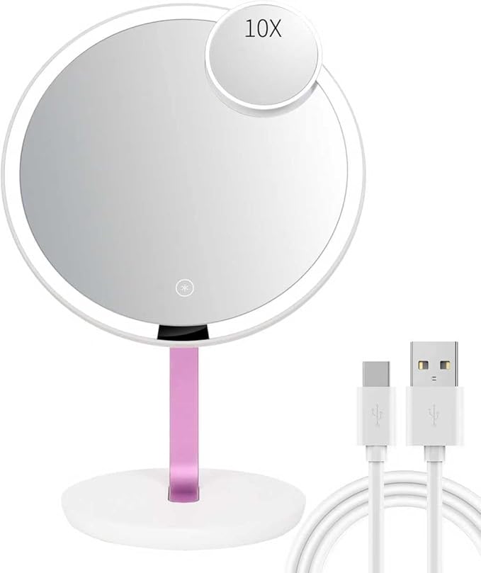 9.65-inch Lighting Makeup Mirror, 1x / 10x, Touch Control, 3-Color Adjustable, Metal Stand, up and Down Adjustable Makeup Mirror,High Color Rendering, Eye-Protecting Light Source,Pink