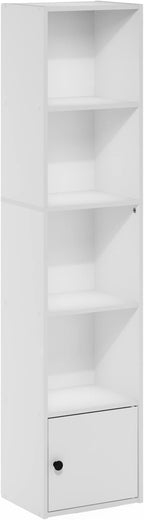 Furinno LUDER Book Shelf, 5-Tier Modern Bookshelf, Bookcase with 1 Door Storage Cabinet, 9.3" x 12" x 52", for Living Room, Bedroom, Home Office, White
