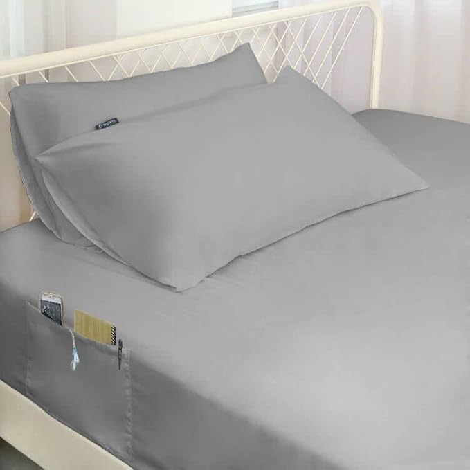Deep Pocket King Sheet Set for Air Mattress - Extra Deep Pocket King Bed Sheet Set - 3Pcs Side Storage Pocket Fitted Sheet & Pillowcases Easily Fits 16in to 24in Pillow Top Air Bed Mattress(Grey)