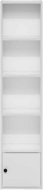 Furinno LUDER Book Shelf, 5-Tier Modern Bookshelf, Bookcase with 1 Door Storage Cabinet, 9.3" x 12" x 52", for Living Room, Bedroom, Home Office, White