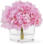Silk Pink Hydrangea Artificial Flowers in Vase with Faux Water, Silk Flower Arrangements in Vase for Home Decor, Wedding Table (Pink)