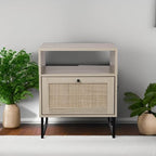 Nathan James Mina Rattan Wood End Side Accent Table Nightstand with Storage for Living Room or Bedroom, 1, Oak/Black