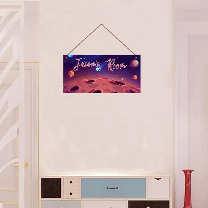 Personalized Outer Space Sign Universe Theme Art Décor For Kids Room Custom Name Moon Door Wall Art Decor For Little Man Cave, Stars Floral Nursery Art Girls Room Boys Bedroom