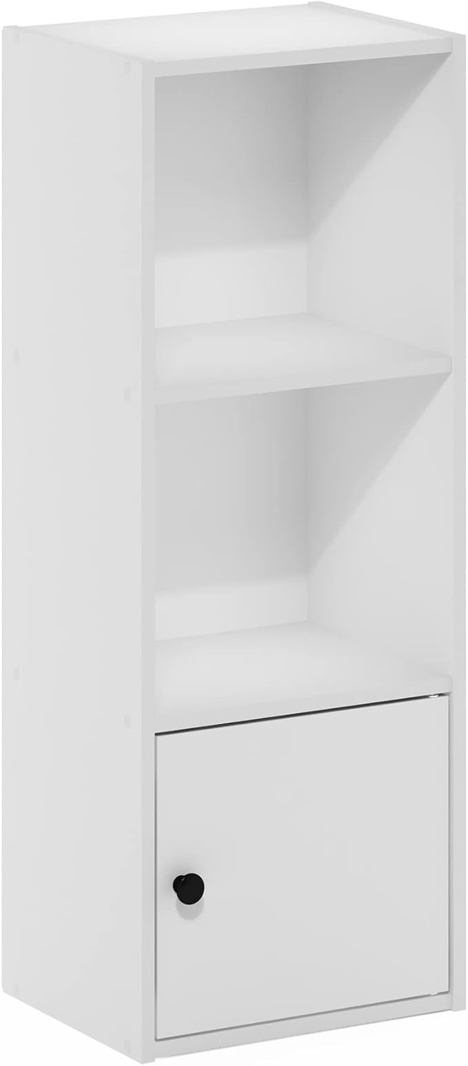 Furinno LUDER Book Shelf, 3-Tier Modern Bookshelf, Bookcase with 1 Door Storage Cabinet, 9.3" x 12" x 31.5", for Living Room, Bedroom, Home Office, White