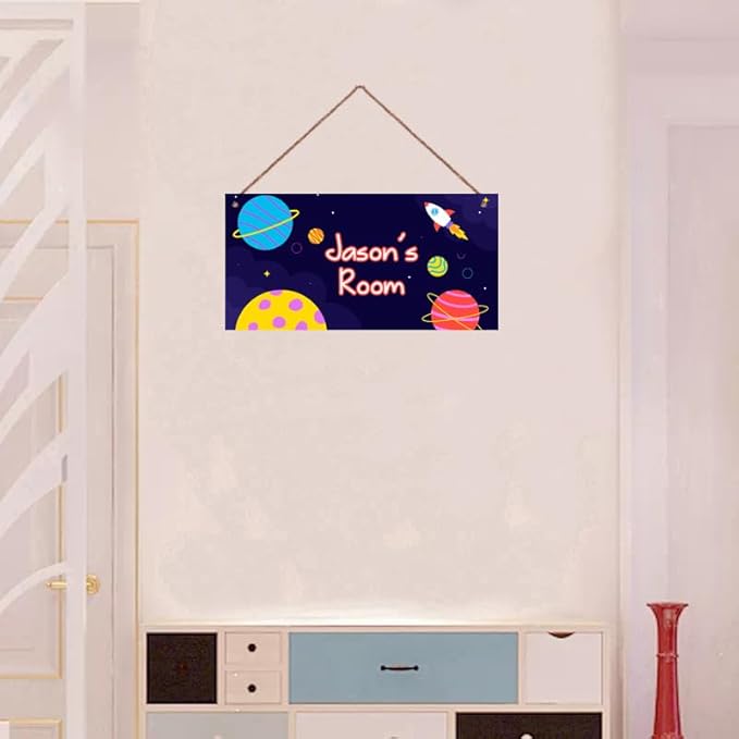 Personalized Outer Space Sign Universe Theme Door Décor For Kids Room Custom Name Little Man Cave Wall Art Decor, Planet Rocket Floral Nursery Art Plate For Girls Room Boys Bedroom