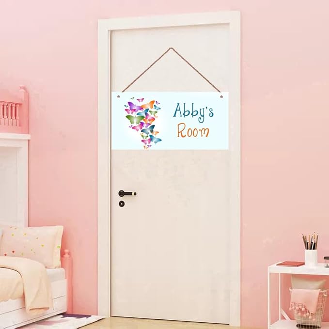 Personalized Colourful Butterflies Floral Signs for Girls Room Bedroom Door Hanging Wooden Signs Custom Baby Name Butterfly Door Hanger Baby Nursery Room Customized Kids Room Décor