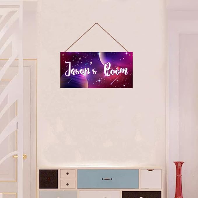 Personalized Outer Space Sign Universe Planet Theme Door Décor For Kids Room Custom Name Little Man Cave Wall Art Decor, Stars Floral Nursery Art Plate For Girls Room Boys Bedroom