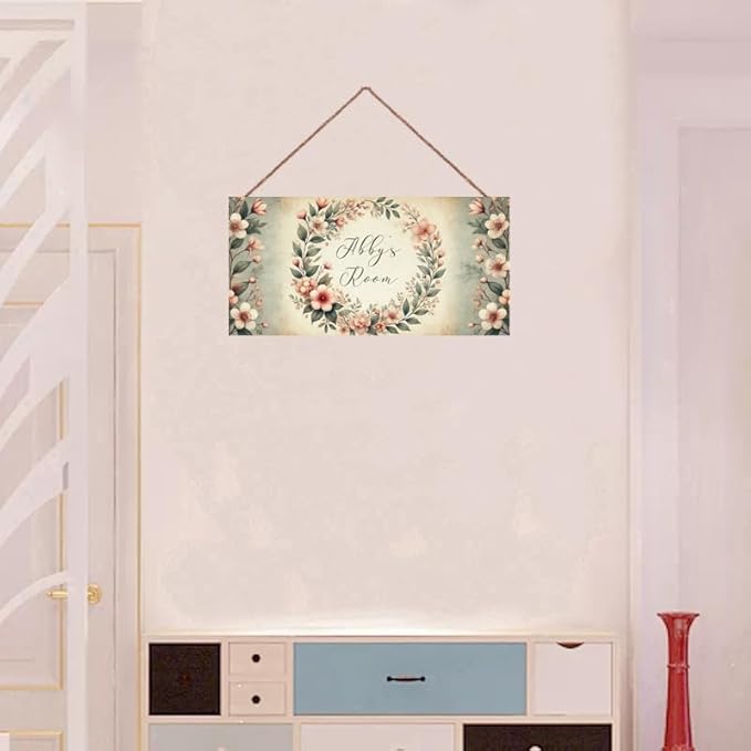 Personalized Flower Sign Wreath Door Décor For Kids Room Custom Name Wall Art Decor, Flowers Floral Nursery Art Plate For Girls Room Living Room Bedroom Greenhouse Garden