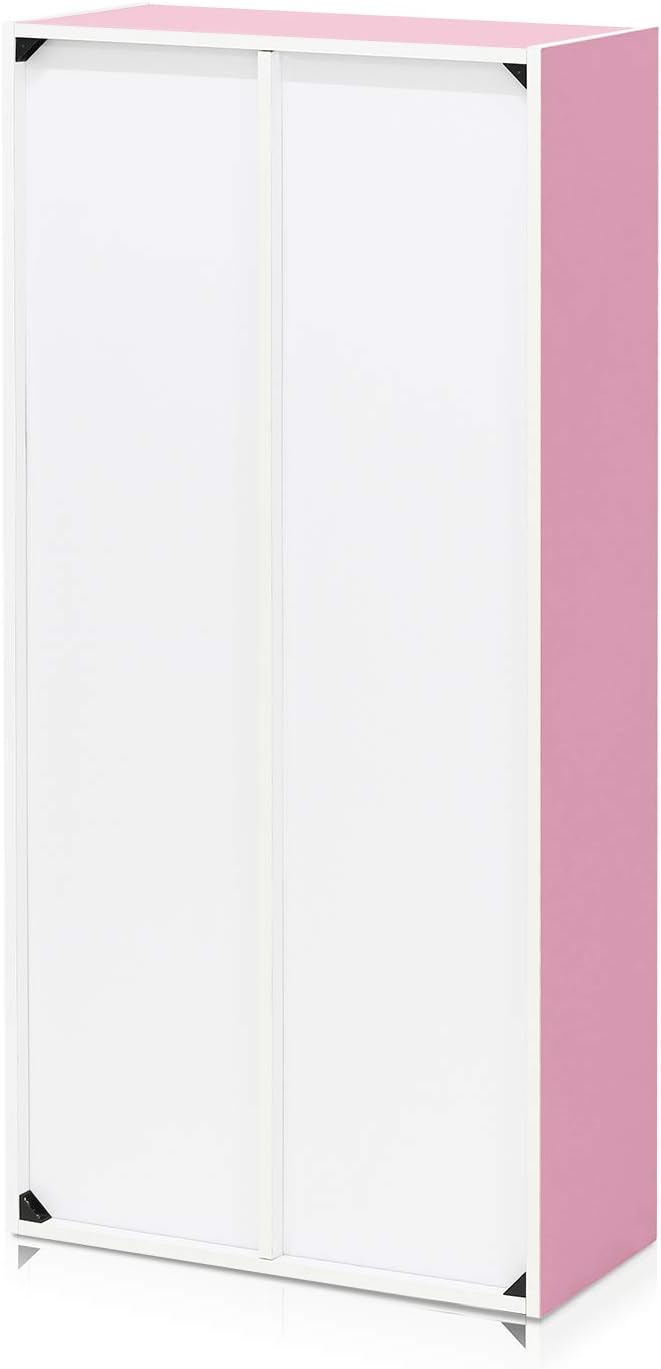 Furinno LUDER Book Shelf, 7-Cube Bookshelf, Bookcase, 9.4" x 19.5" x 41.7", for Living Room, Bedroom, Home Office, White/Pink