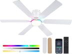 Ceiling Fans with Lights- 52" RGB Low Profile Indoor Ceiling Fan with Light and Remote/APP Control, Flush Mount, 6 Blade, LED Dimmable DC Reversible Modern Ceiling Fan for Bedroom（White）