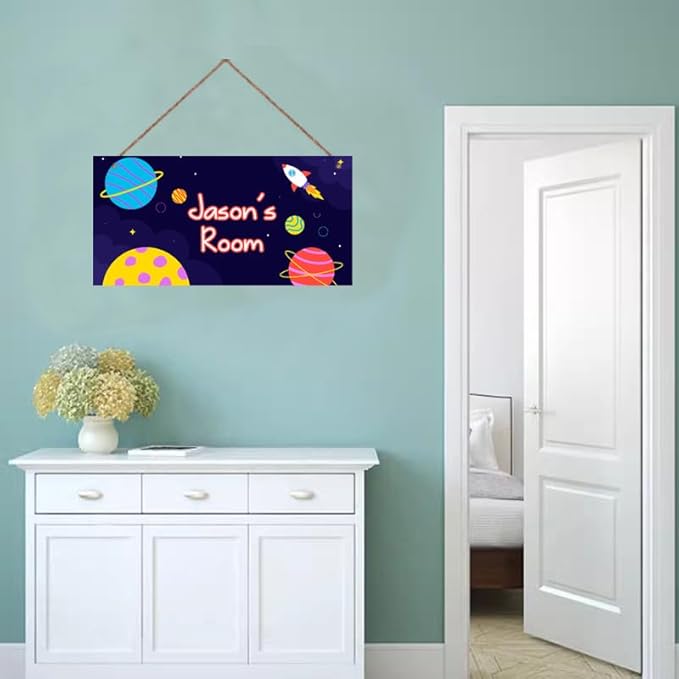 Personalized Outer Space Sign Universe Theme Door Décor For Kids Room Custom Name Little Man Cave Wall Art Decor, Planet Rocket Floral Nursery Art Plate For Girls Room Boys Bedroom
