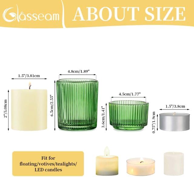 Glasseam Glass Votive Candle Holder: Set of 24 Green Ribbed Small Tea Light Holders Assorted Decorative Vintage Tealight Holder Bulk for Christmas Wedding Table Centerpieces