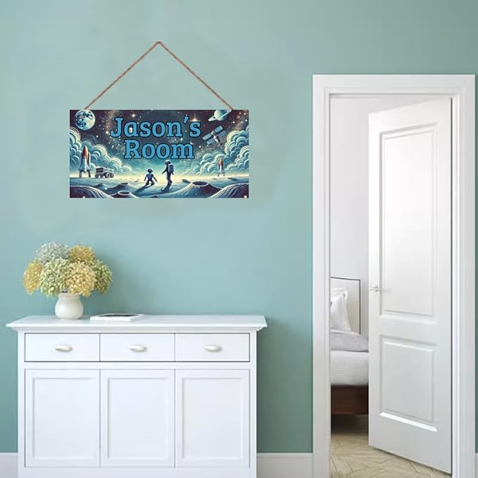 Personalized Name's Door Sign For Boys Room, Outer Space Theme Wall Art Decor, Astronaut Art Nursery Kids Room Decor