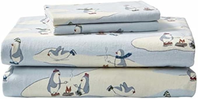 Eddie Bauer - Full Sheets, Cotton Flannel Bedding Set, Brushed for Extra Softness, Cozy Home Decor (Skating Penguin, 4 pcs, Full)
