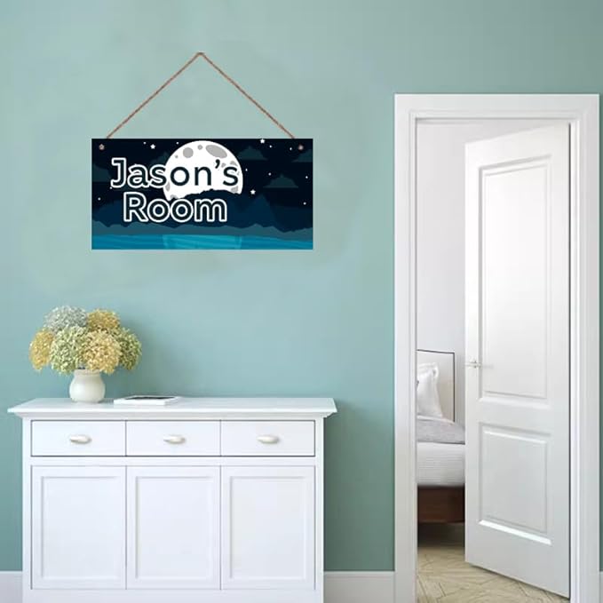 Personalized Starry Sky Sign Funny Moon Themed For Kids Room Boys Bedroom Door Decor,Custom Name Wall Art Decor Decorative Plate for Nursery Little Man Cave