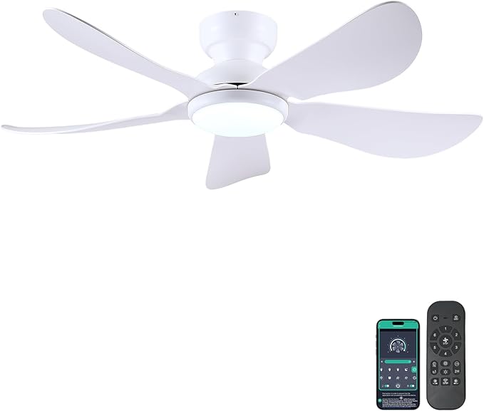 46 Inch Modern Ceiling Fans with Lights, Flush Mount Ceiling Fan with Light and Remote/APP Control, 5 Reversible 6 Speeds Curved Blades, 3 CCT Dimmable Lights for Bedroom, White