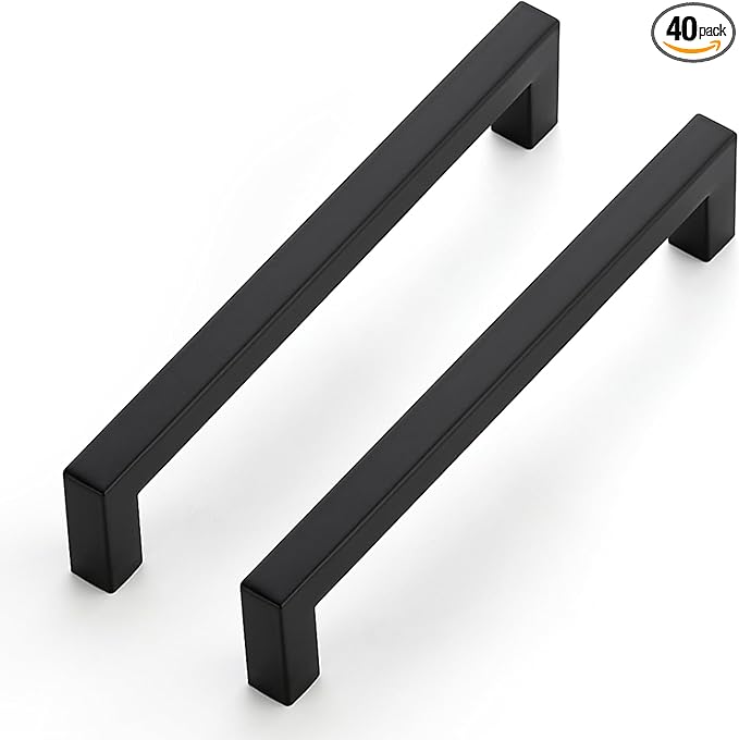 JOY DECOR 40 Pack Cabinet Handles, Black Cabinet Pulls, 6-1/4 Inch Kitchen Closet Handles Square Drawer Pulls Stainless Steel Drawer Hardware, 160mm Hole Centers