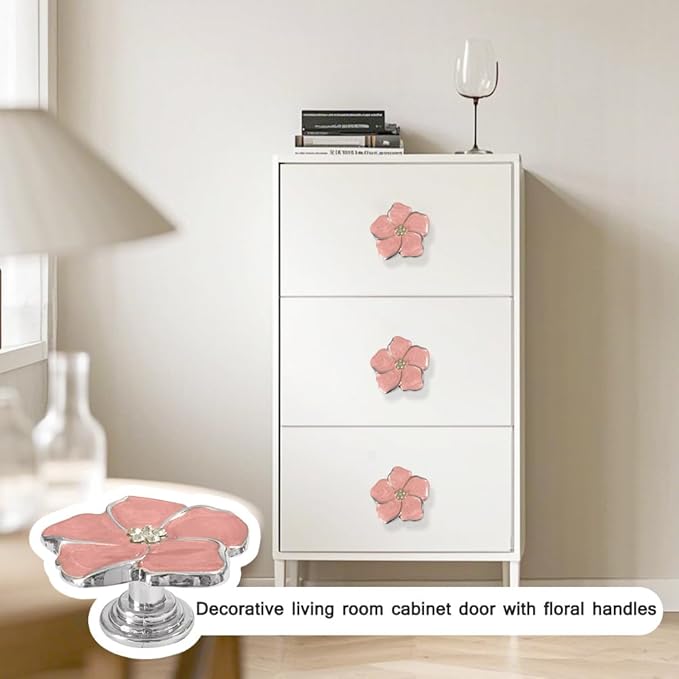 4 pcs Flower Petal Knobs,Creative Silver Flower Drawer Pulls Handles with Screws Single Hole Handle for Cabinet, Dressing ，Home Decor Handles (Pink)