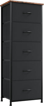 Somdot Tall Dresser for Bedroom with 5 Drawers, Storage Organizer Chest of Drawers with Removable Fabric Bins for Closet Bedside Living Room Laundry Entryway Hallway, Black Rustic Brown