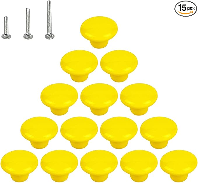 HUAMULAN 15PCS Yellow Glossy Ceramic Knobs Button Round Mushroom Cabinet Dresser Vintage Pulls Door Handles Cupboard Wardrobe Drawer, Dia. 1.5 inch (38mm)