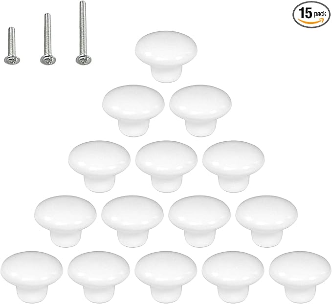 HUAMULAN 15PCS White Glossy Ceramic Knobs Button Round Mushroom Cabinet Dresser Vintage Pulls Door Handles Cupboard Wardrobe Drawer, Dia. 1.5 inch 38mm
