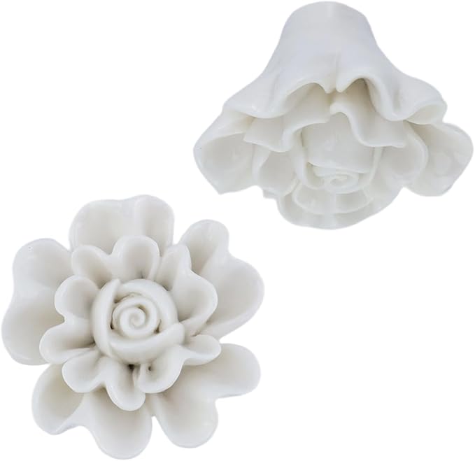 4PCS 1.57" × 1.14" Ceramics White Rose Knobs Flower Shaped Drawer Pulls for Cupboard with 2 Kinds of Screws
