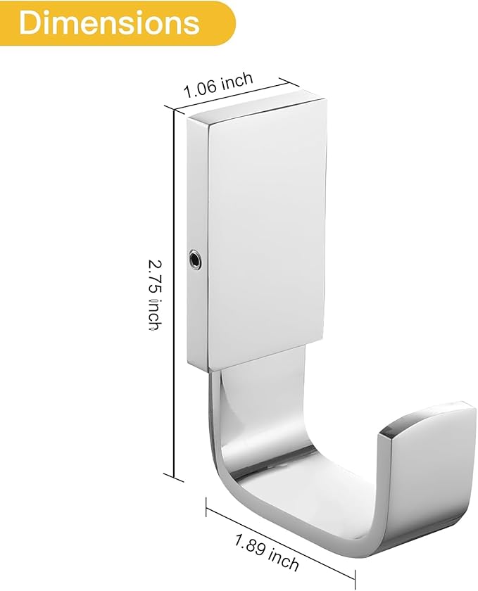 BESy Brass Clothes Hook Single Towel Hook for Bathroom Kitchen Garage Square Style Robe Hooks Coat and Hat Hook, Self Adhesive with Glue or Wall Mounted with Screws, Four Packs, Polished Chrome