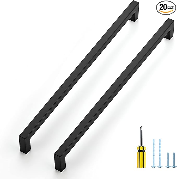 Ravinte 20 Pack Black Cabinet Pulls 12-3/5 Inch Square Kitchen Cabinet Handles Matte Black Kitchen Hardware for Drawer Pulls Drawer Handles Come with Screwdriver